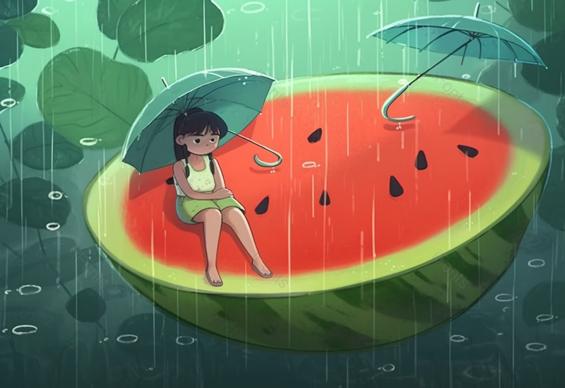 童话幻想雨伞夏天夏日女孩坐在巨型西瓜上沉思儿童节唯美插画,插画/手绘图,插画/手绘图库,插画/手绘图下载,插画/手绘
